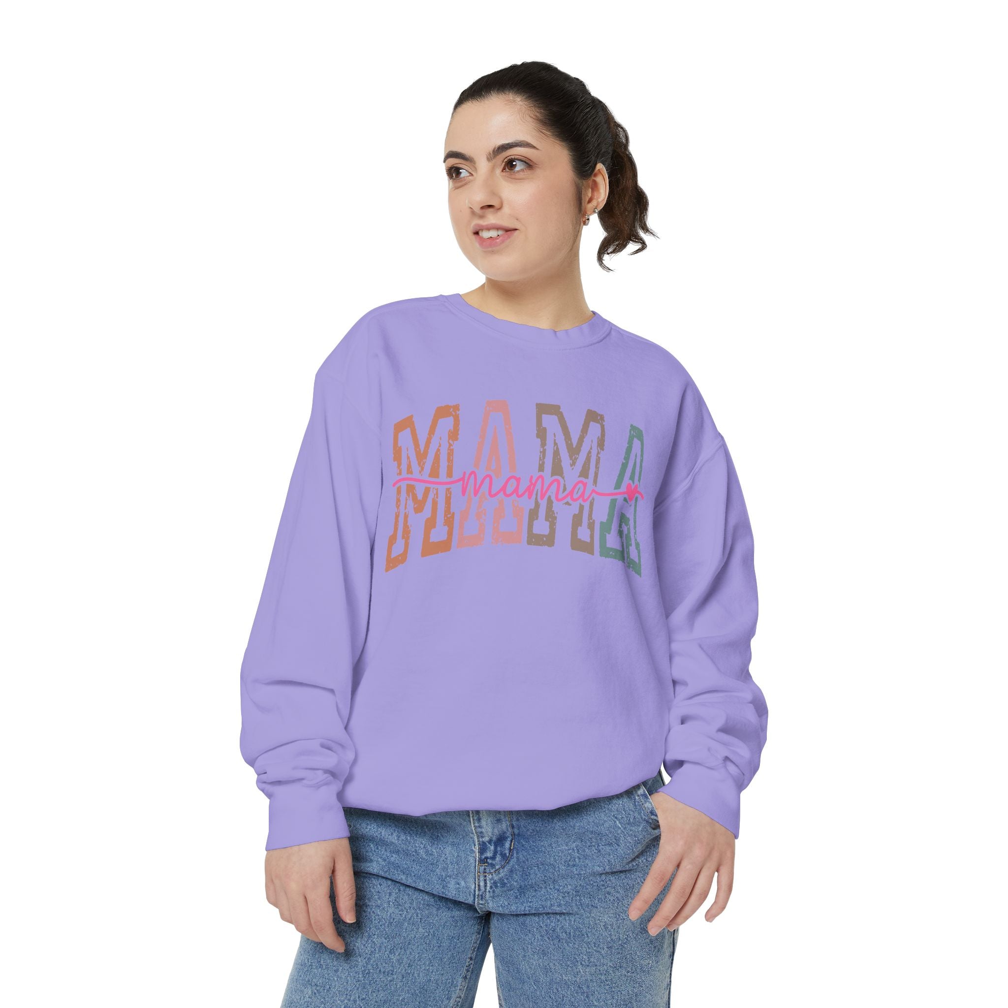 Mama Varsity Sweatshirt — Retro Rainbow "mama" Graphic