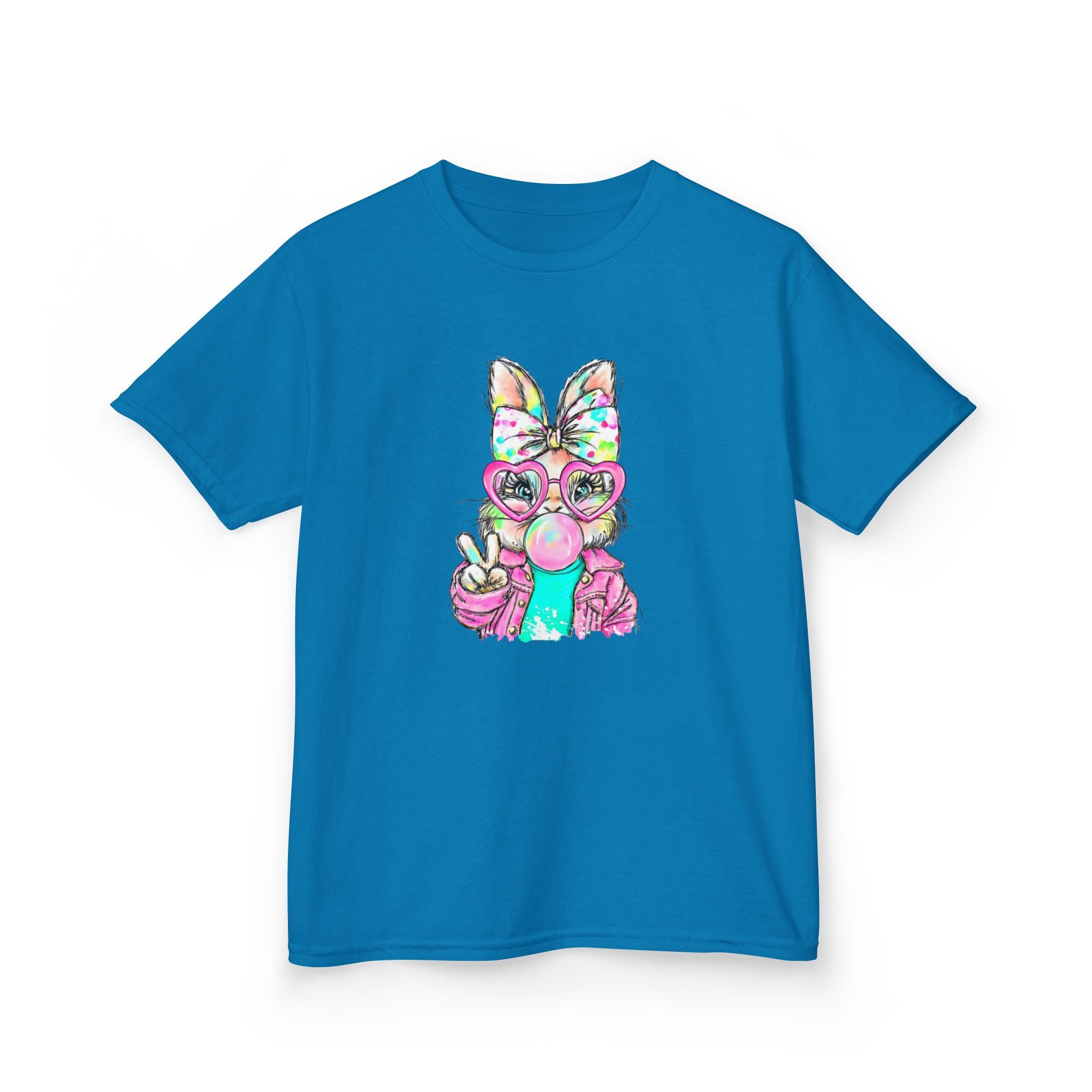 Kids Bunny Bubblegum Tee — Colorful Bunny Wearing Glasses & Peace Sign