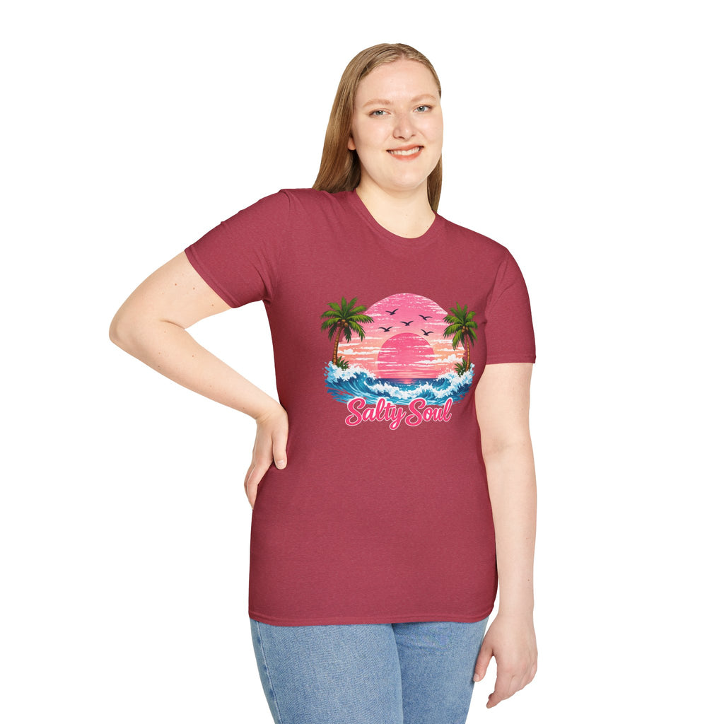 Salty Soul Tropical Sunset T-Shirt — Beach Palm Trees Retro Surf Tee