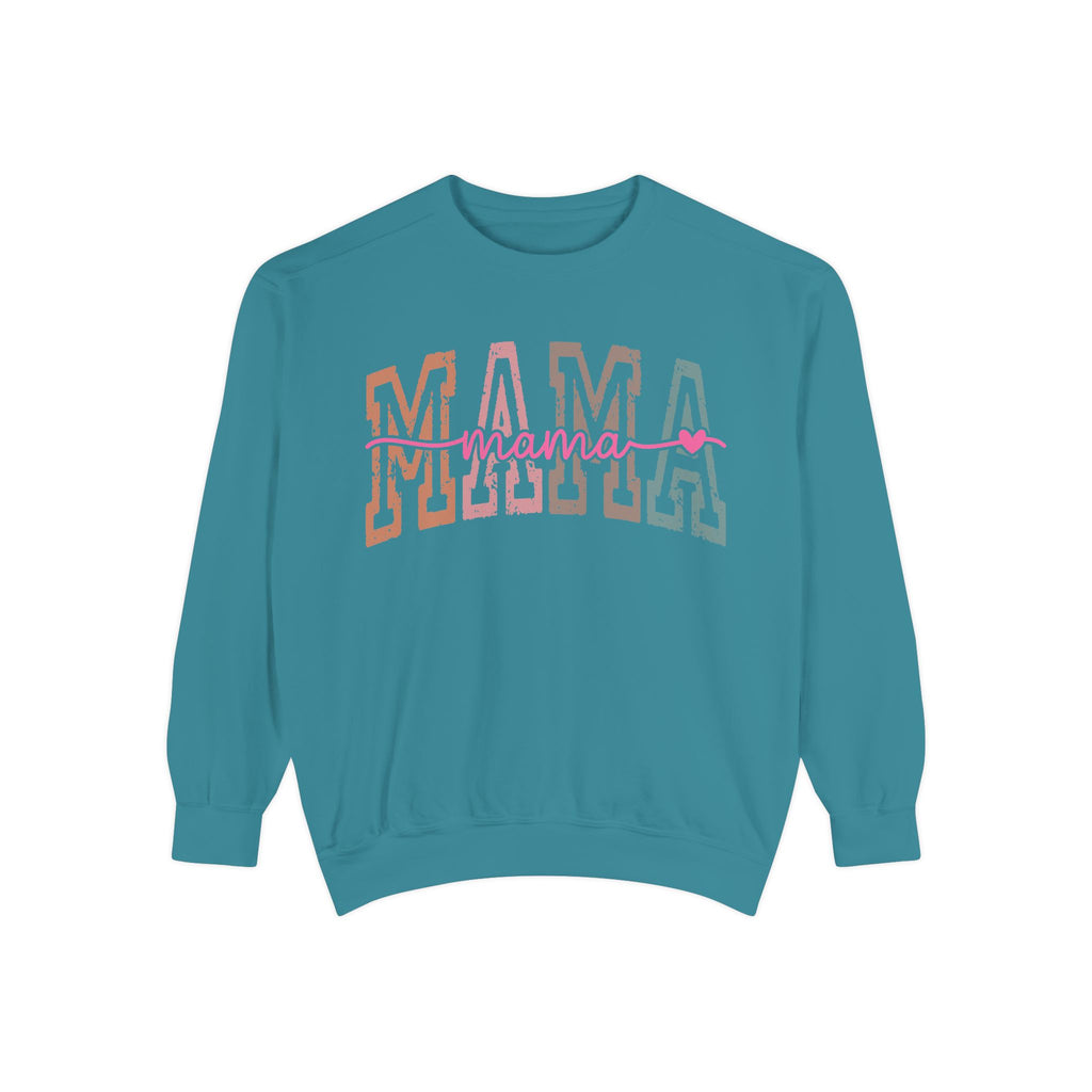 Mama Varsity Sweatshirt — Retro Rainbow "mama" Graphic
