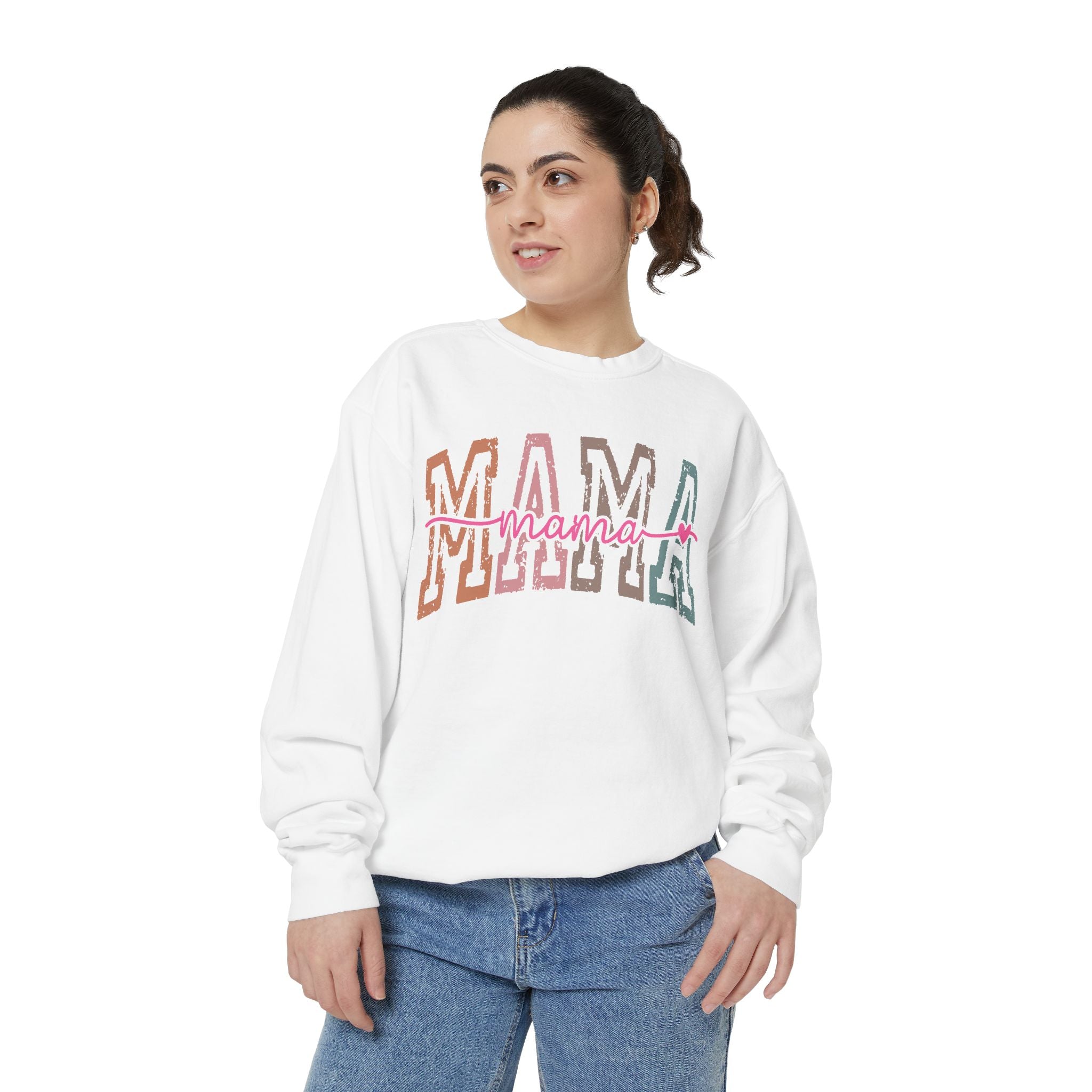 Mama Varsity Sweatshirt — Retro Rainbow "mama" Graphic