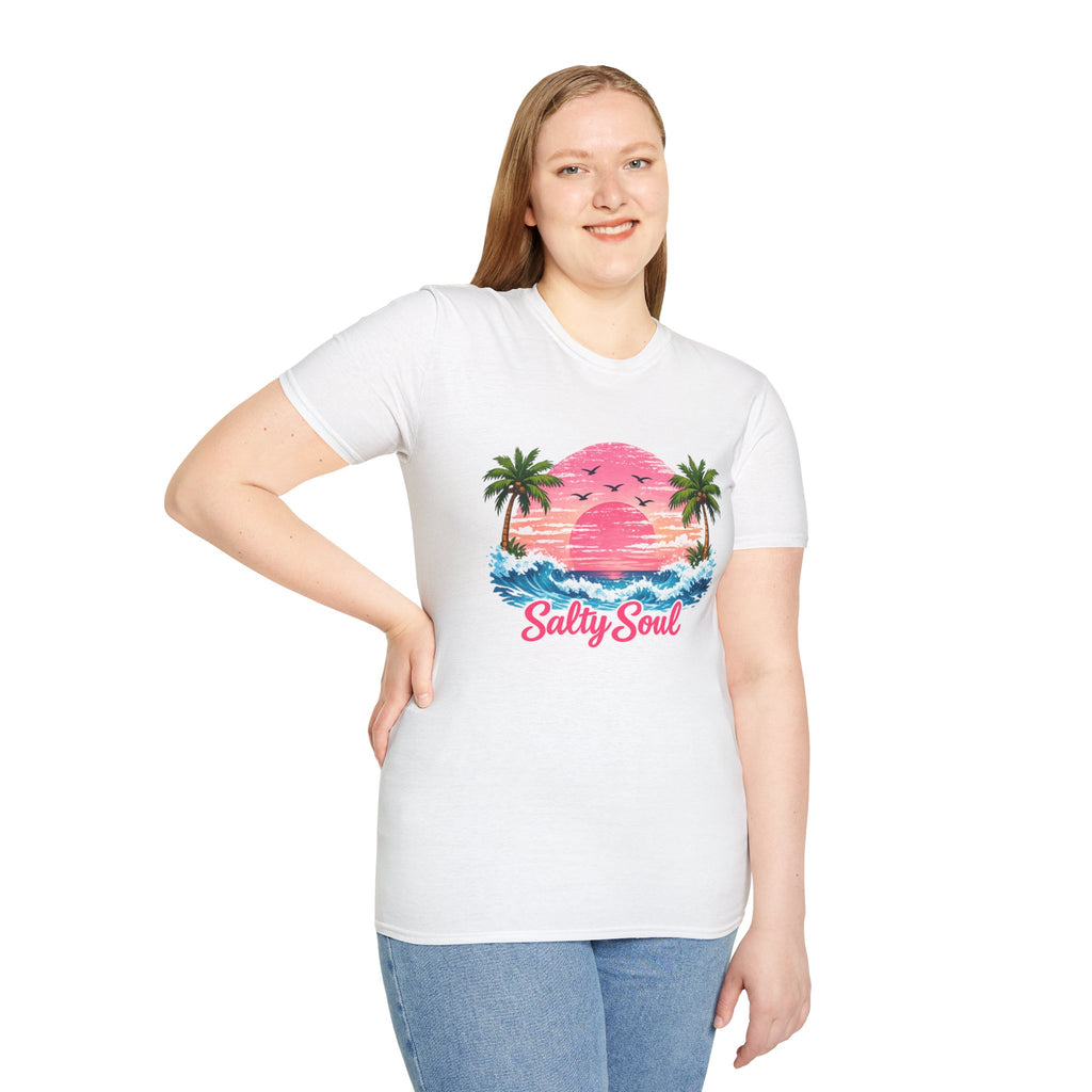 Salty Soul Tropical Sunset T-Shirt — Beach Palm Trees Retro Surf Tee
