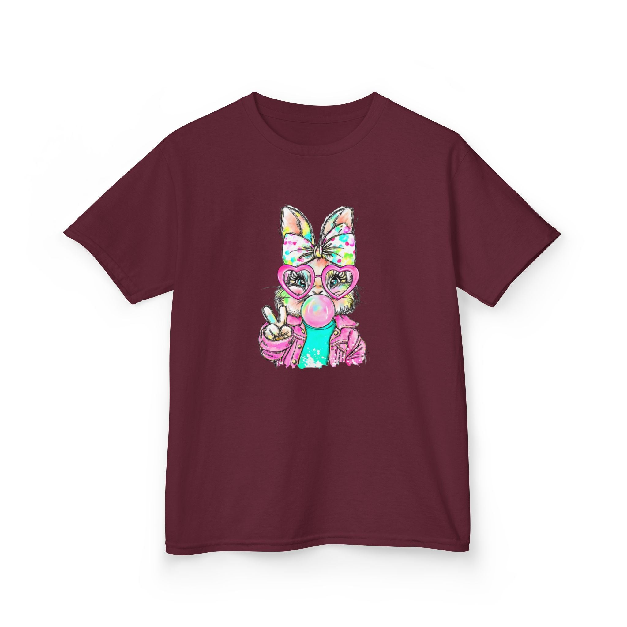 Kids Bunny Bubblegum Tee — Colorful Bunny Wearing Glasses & Peace Sign