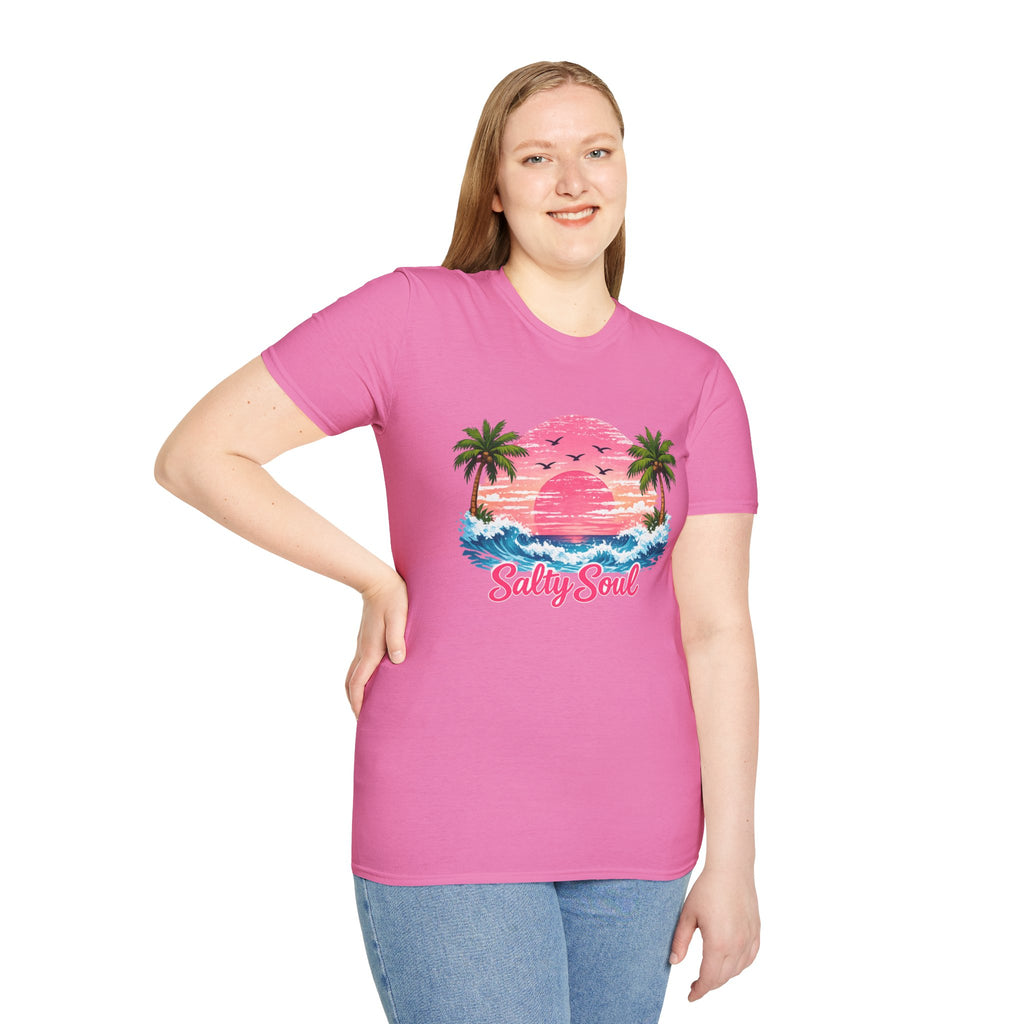 Salty Soul Tropical Sunset T-Shirt — Beach Palm Trees Retro Surf Tee