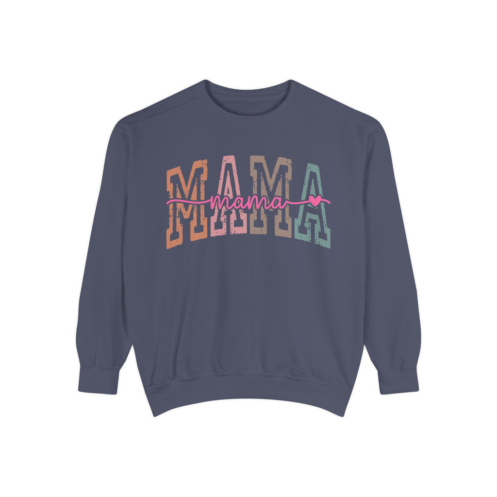 Mama Varsity Sweatshirt — Retro Rainbow "mama" Graphic