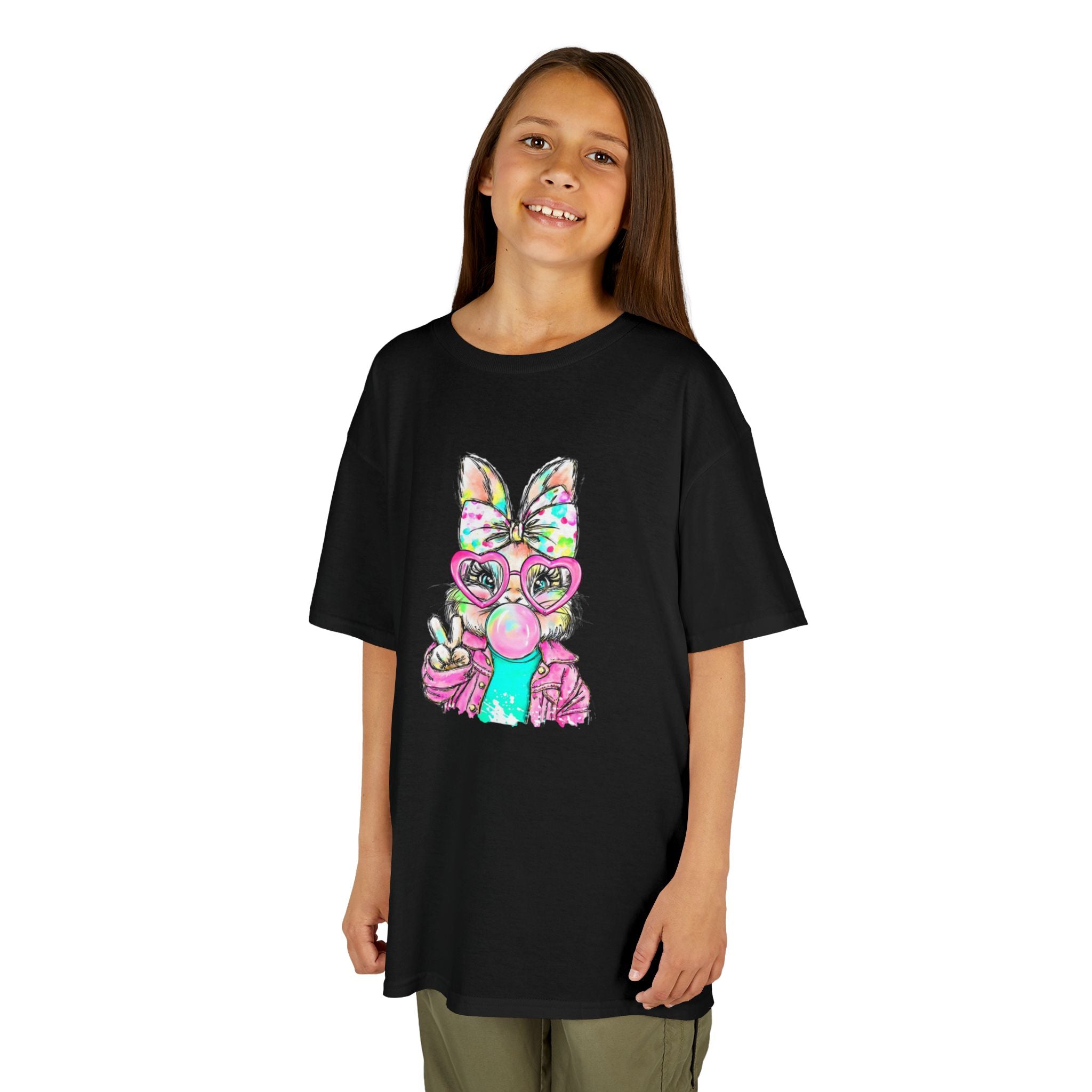 Kids Bunny Bubblegum Tee — Colorful Bunny Wearing Glasses & Peace Sign
