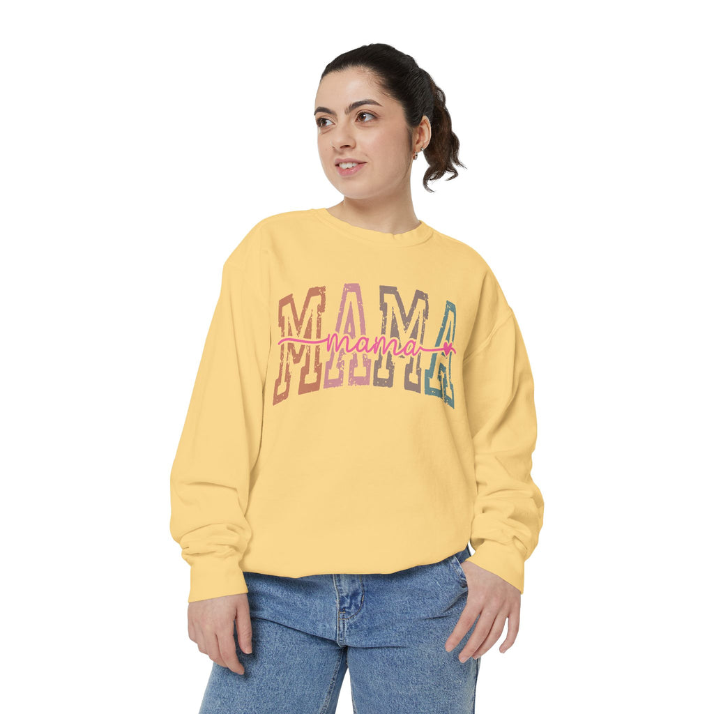 Mama Varsity Sweatshirt — Retro Rainbow "mama" Graphic