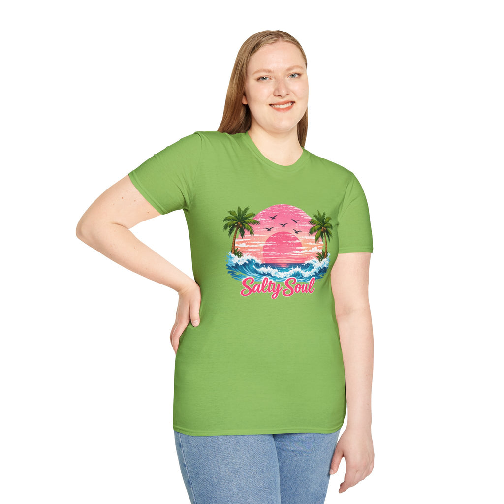 Salty Soul Tropical Sunset T-Shirt — Beach Palm Trees Retro Surf Tee