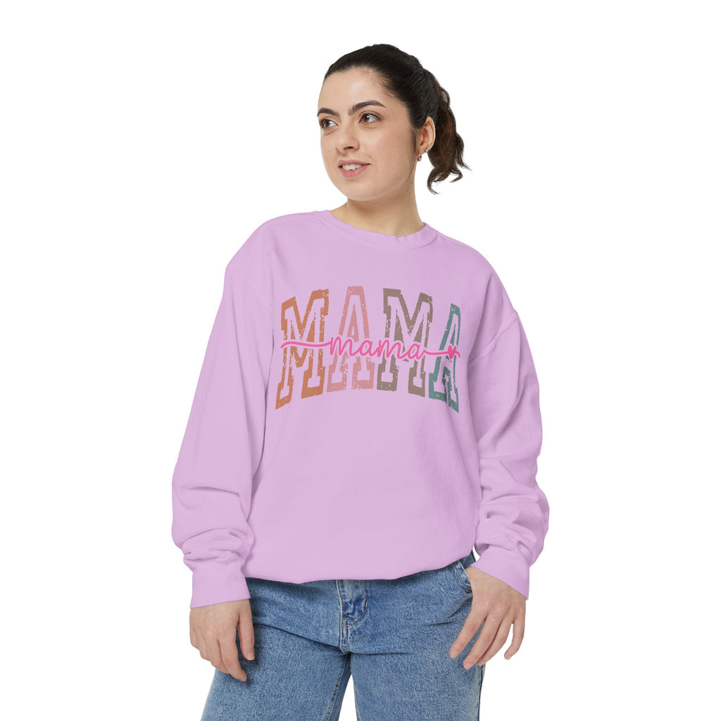 Mama Varsity Sweatshirt — Retro Rainbow "mama" Graphic