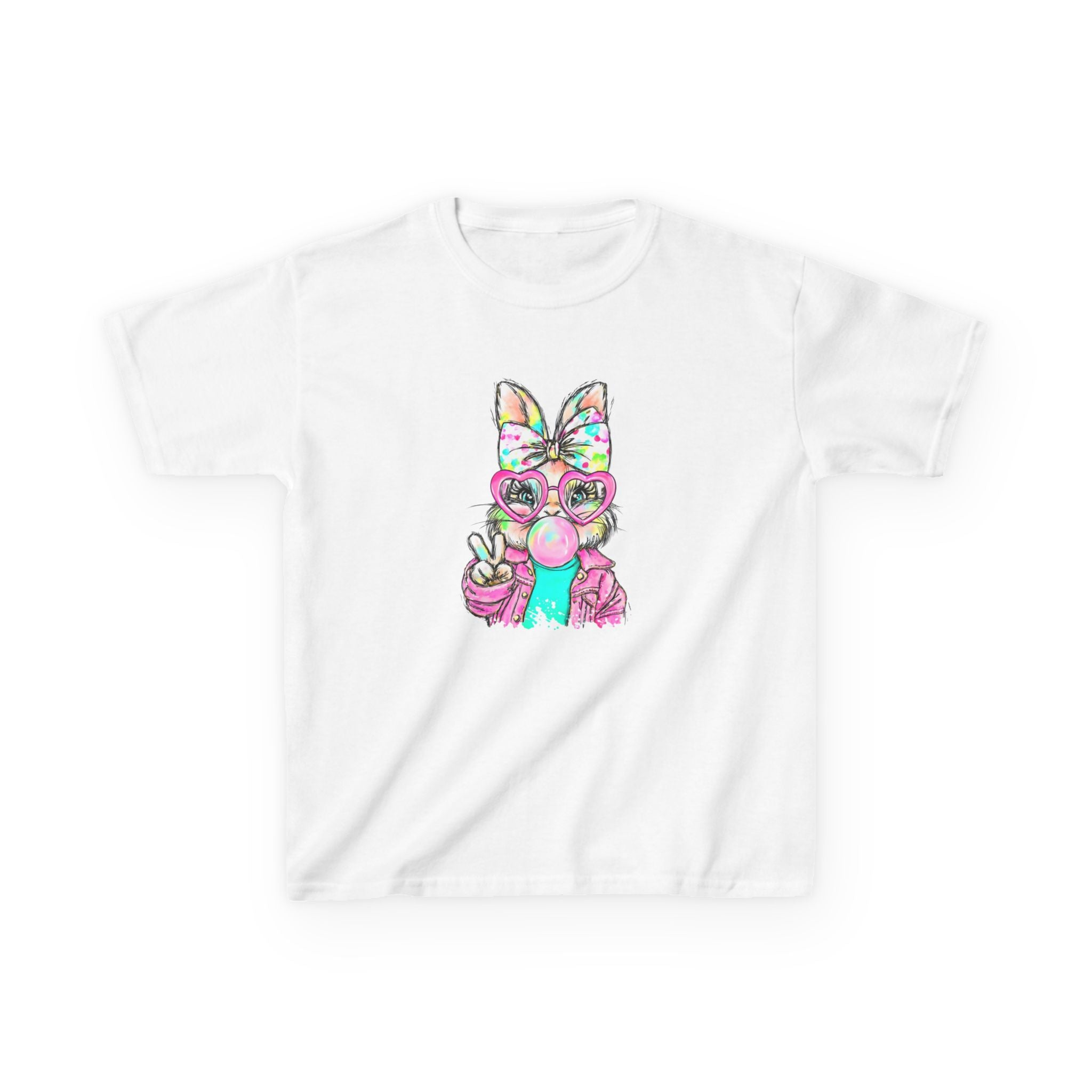 Kids Bunny Bubblegum Tee — Colorful Bunny Wearing Glasses & Peace Sign