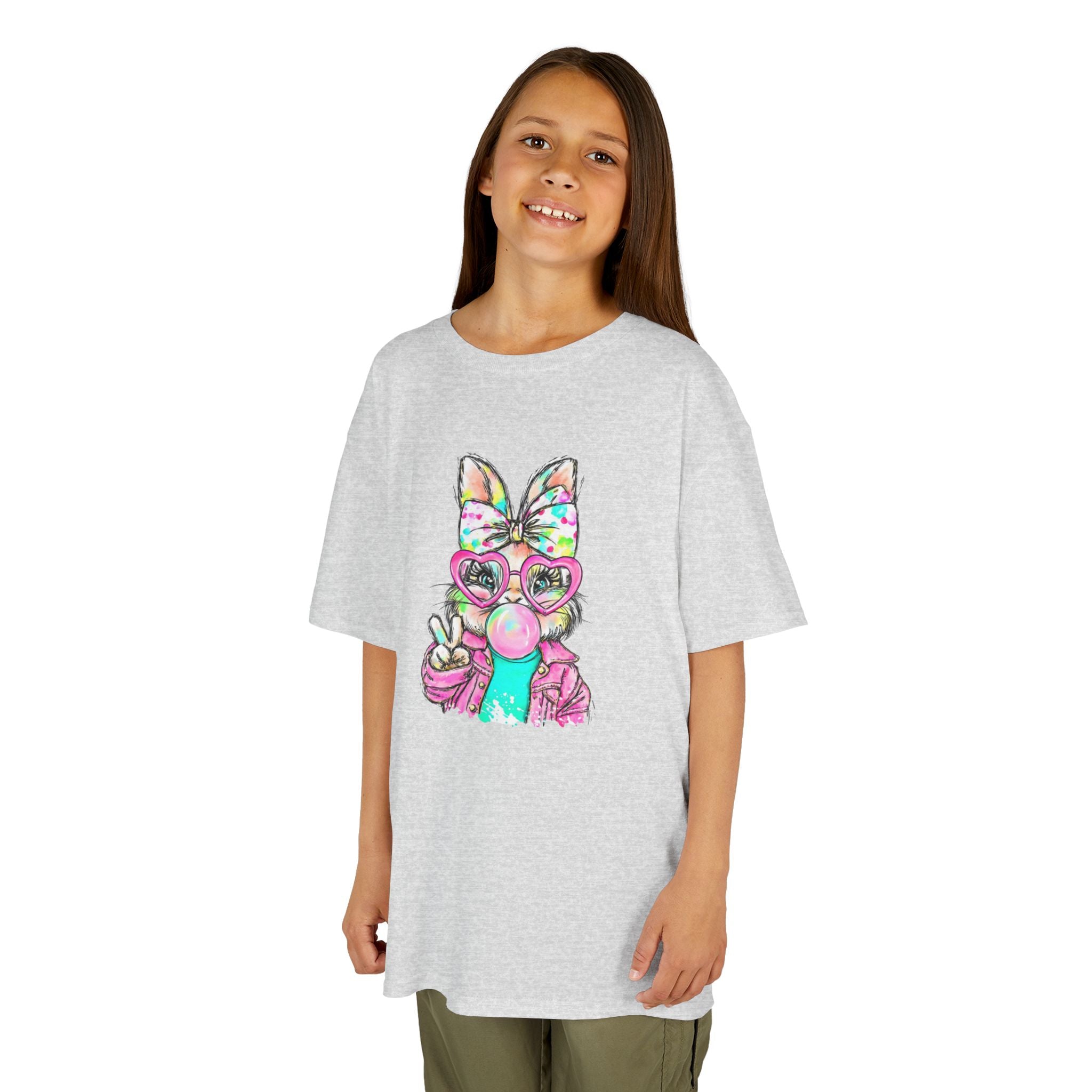 Kids Bunny Bubblegum Tee — Colorful Bunny Wearing Glasses & Peace Sign