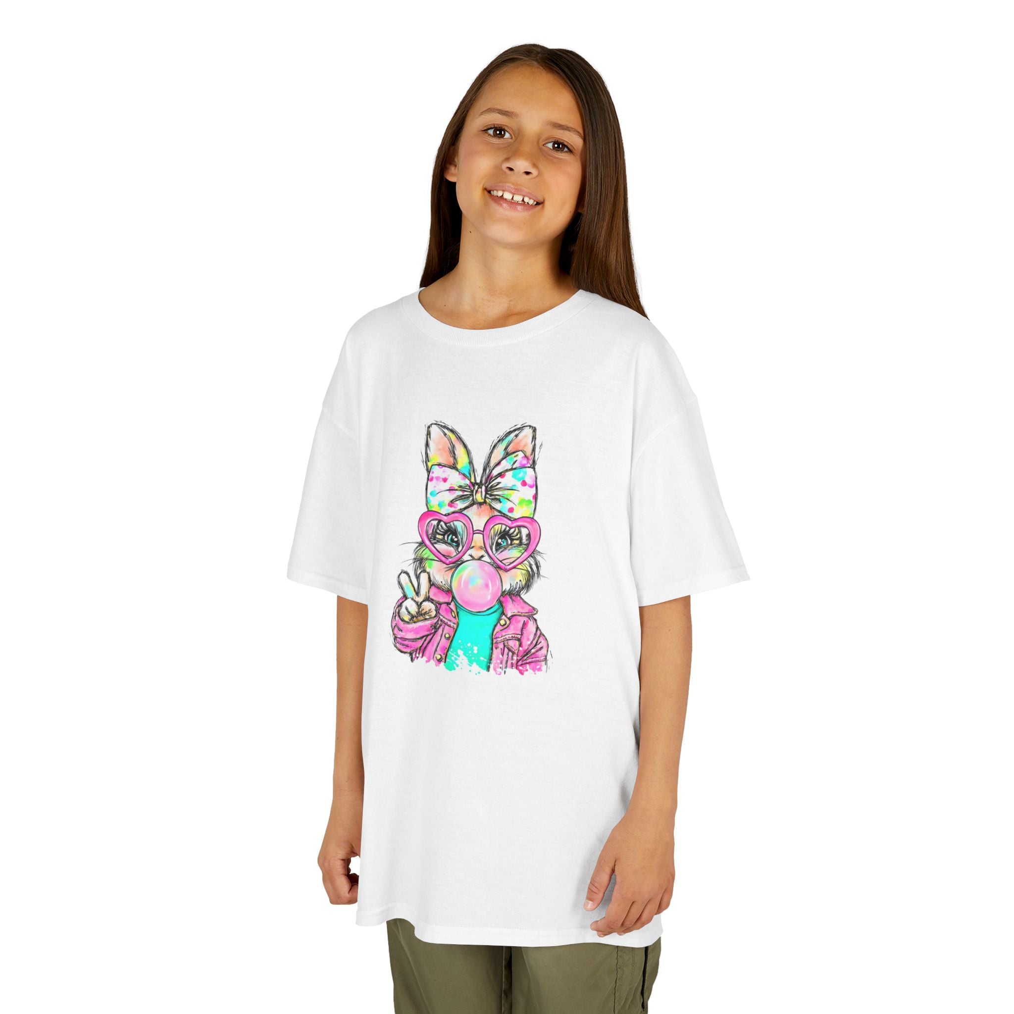 Kids Bunny Bubblegum Tee — Colorful Bunny Wearing Glasses & Peace Sign