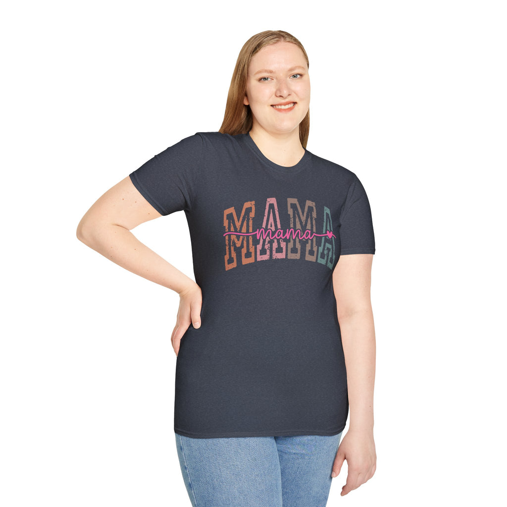 Mama Retro Script T-Shirt — Colorblock 'MAMA' Graphic Tee for Moms