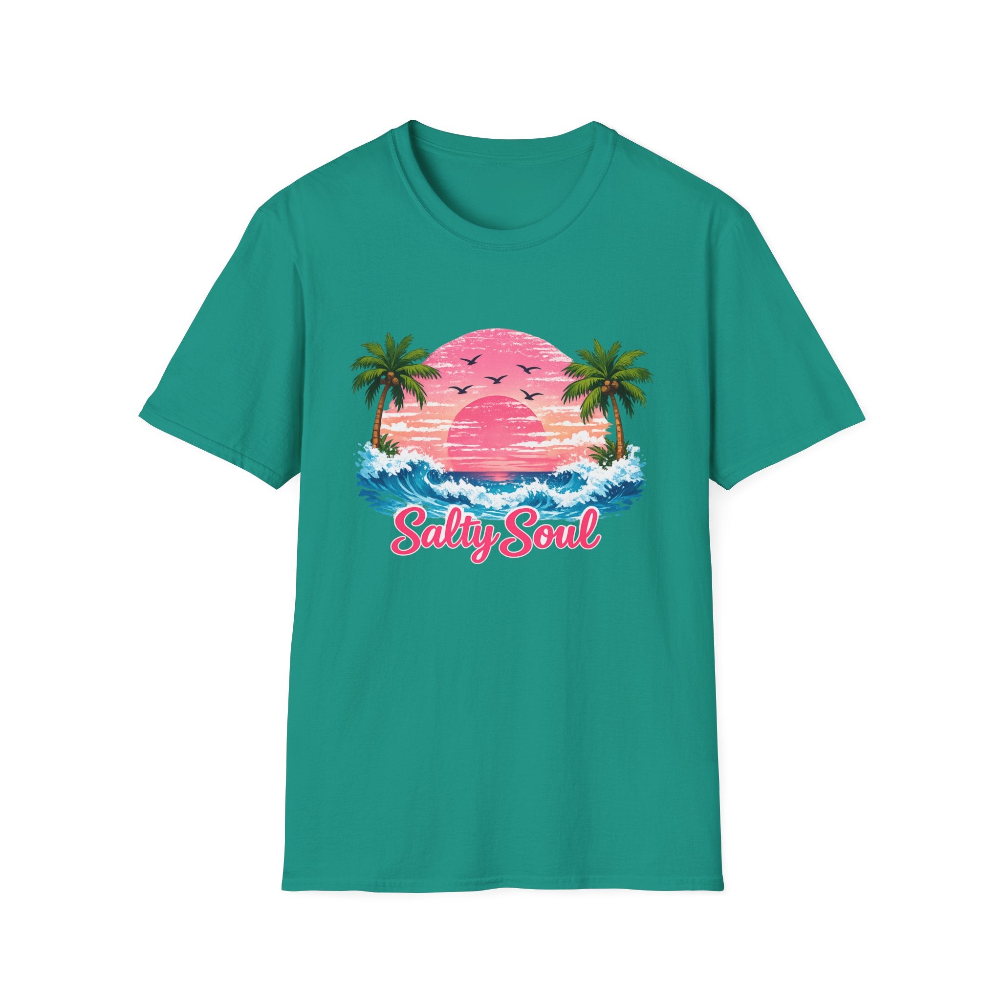 Salty Soul Tropical Sunset T-Shirt — Beach Palm Trees Retro Surf Tee