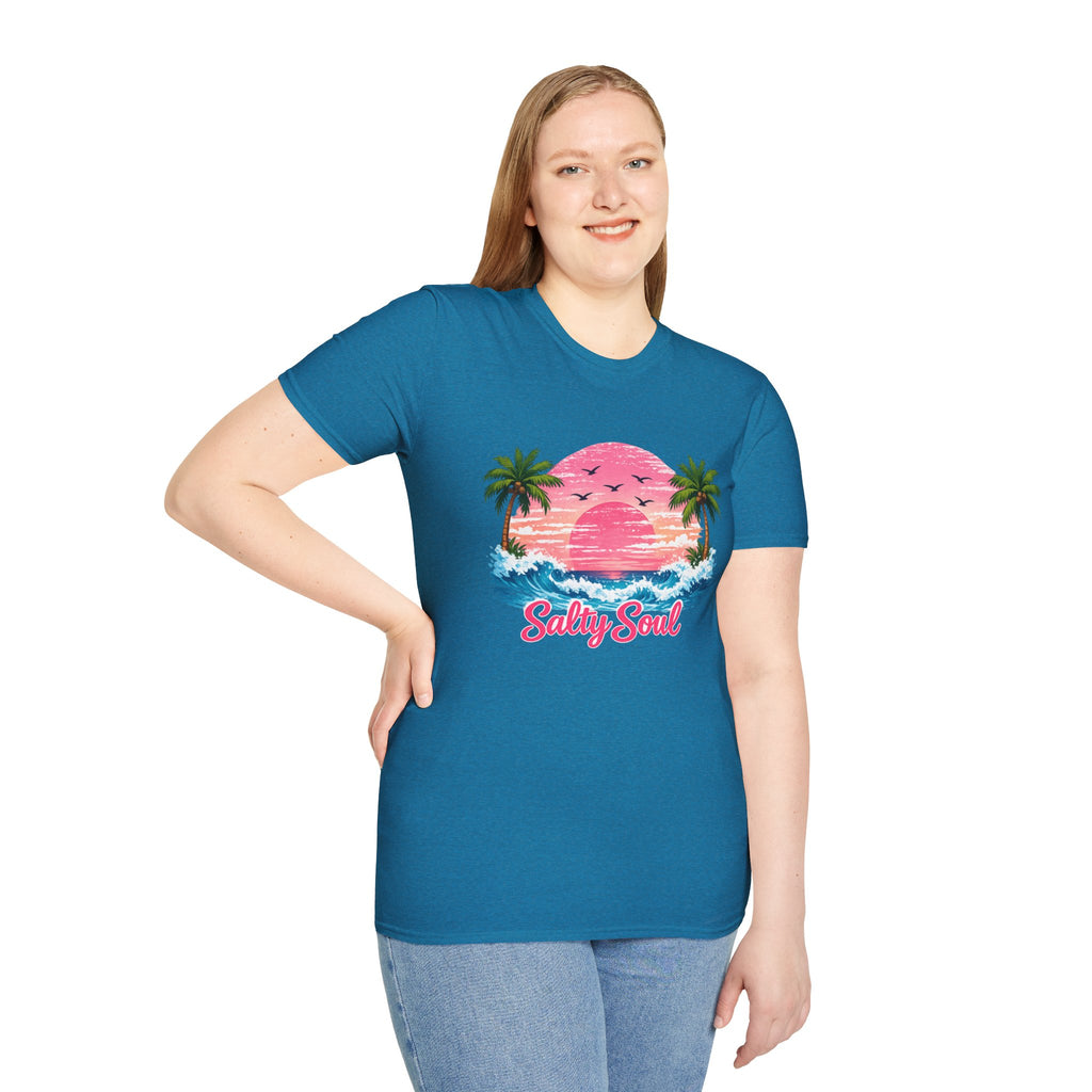 Salty Soul Tropical Sunset T-Shirt — Beach Palm Trees Retro Surf Tee