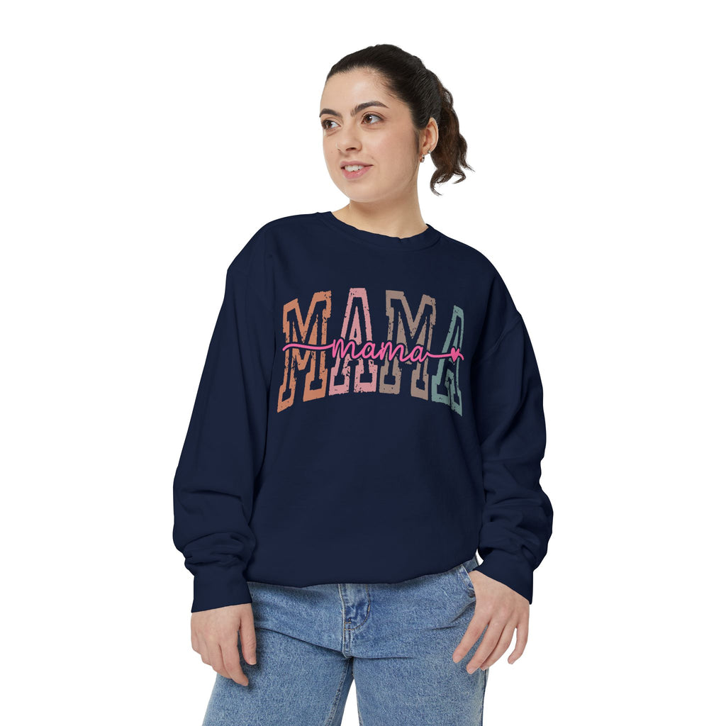 Mama Varsity Sweatshirt — Retro Rainbow "mama" Graphic