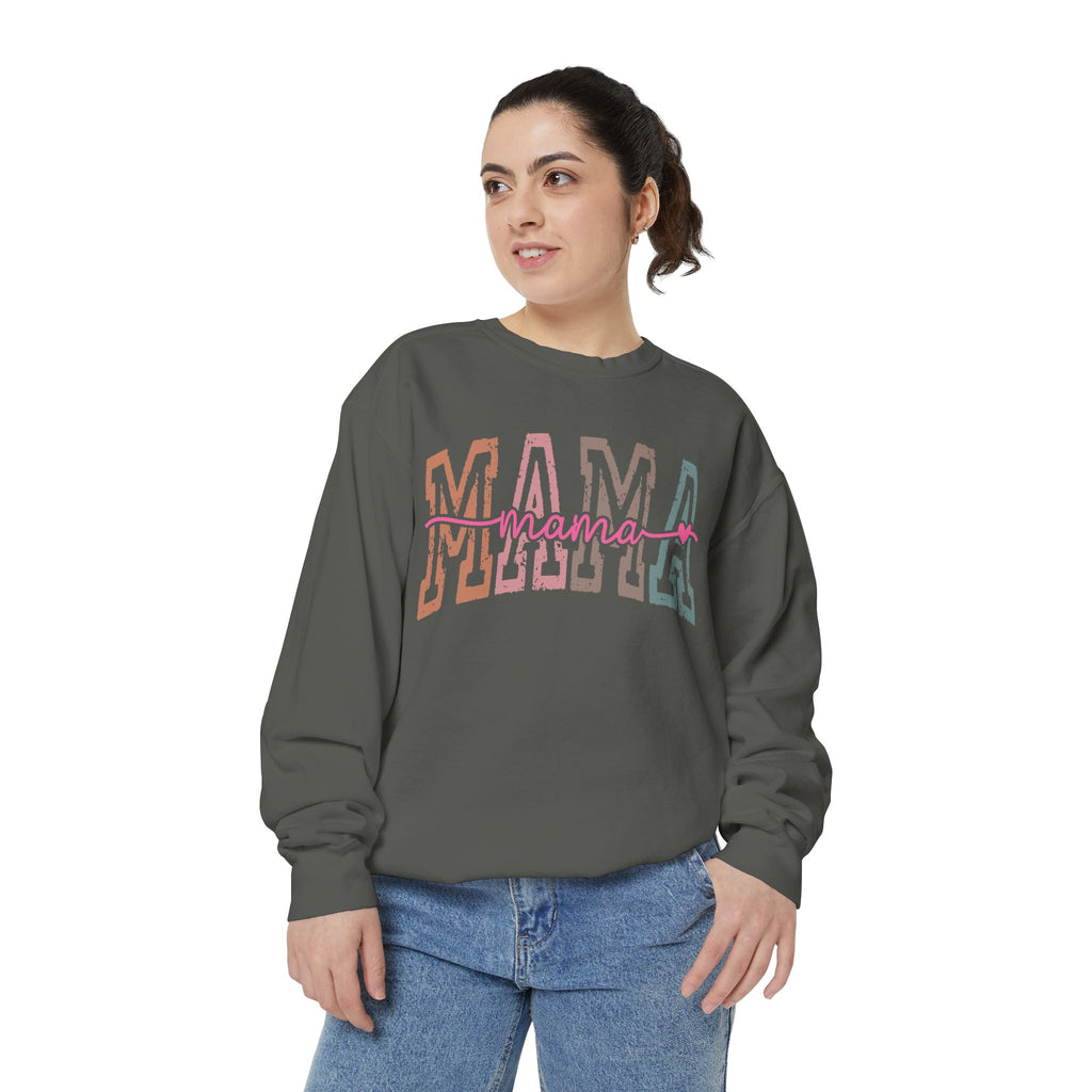 Mama Varsity Sweatshirt — Retro Rainbow "mama" Graphic