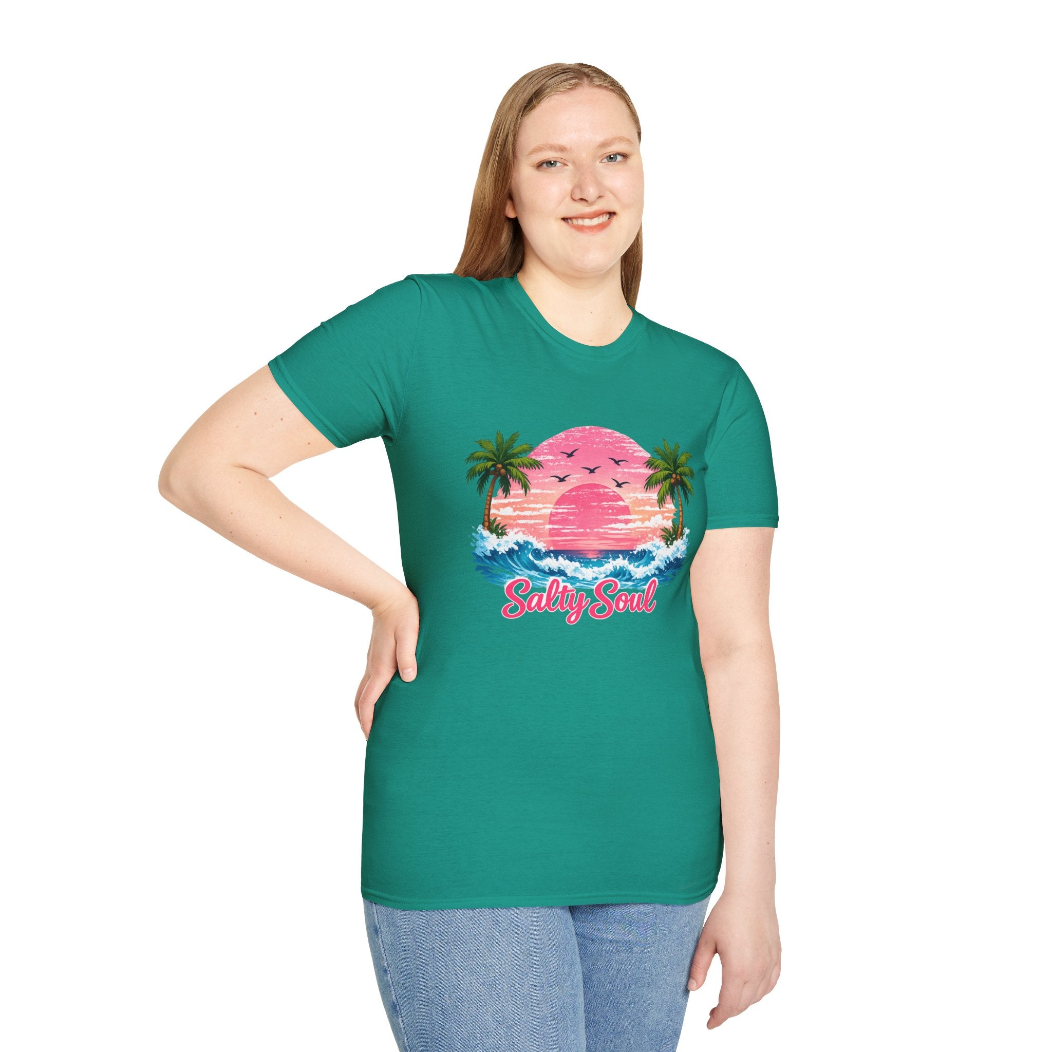 Salty Soul Tropical Sunset T-Shirt — Beach Palm Trees Retro Surf Tee