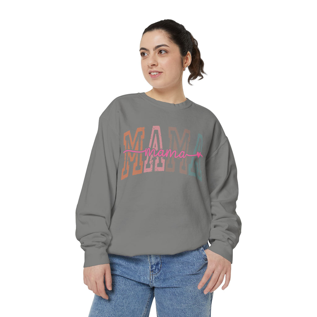 Mama Varsity Sweatshirt — Retro Rainbow "mama" Graphic