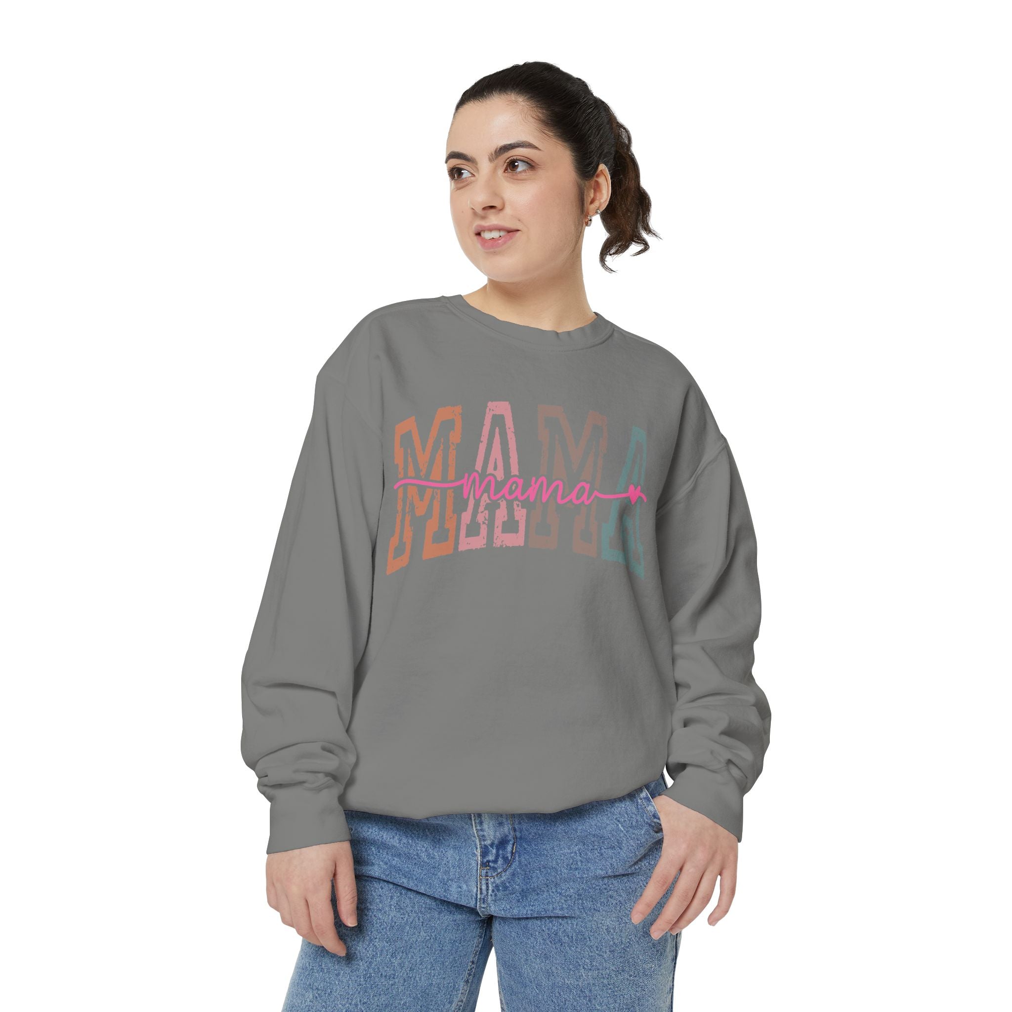 Mama Varsity Sweatshirt — Retro Rainbow "mama" Graphic