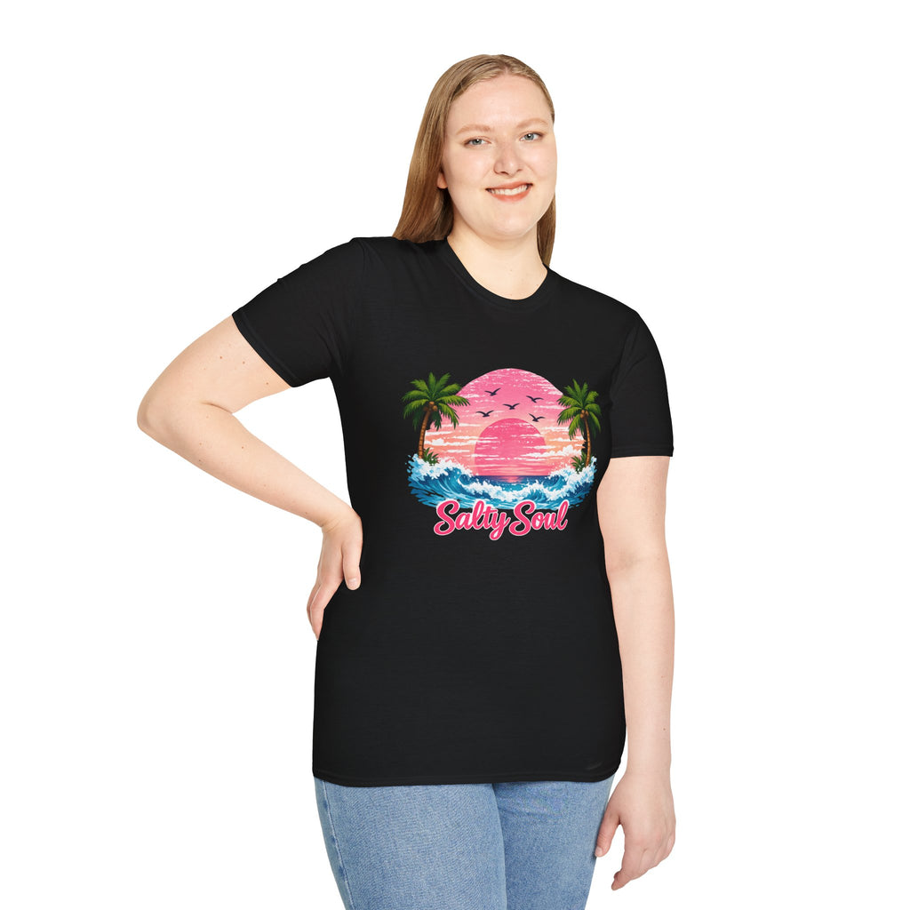 Salty Soul Tropical Sunset T-Shirt — Beach Palm Trees Retro Surf Tee