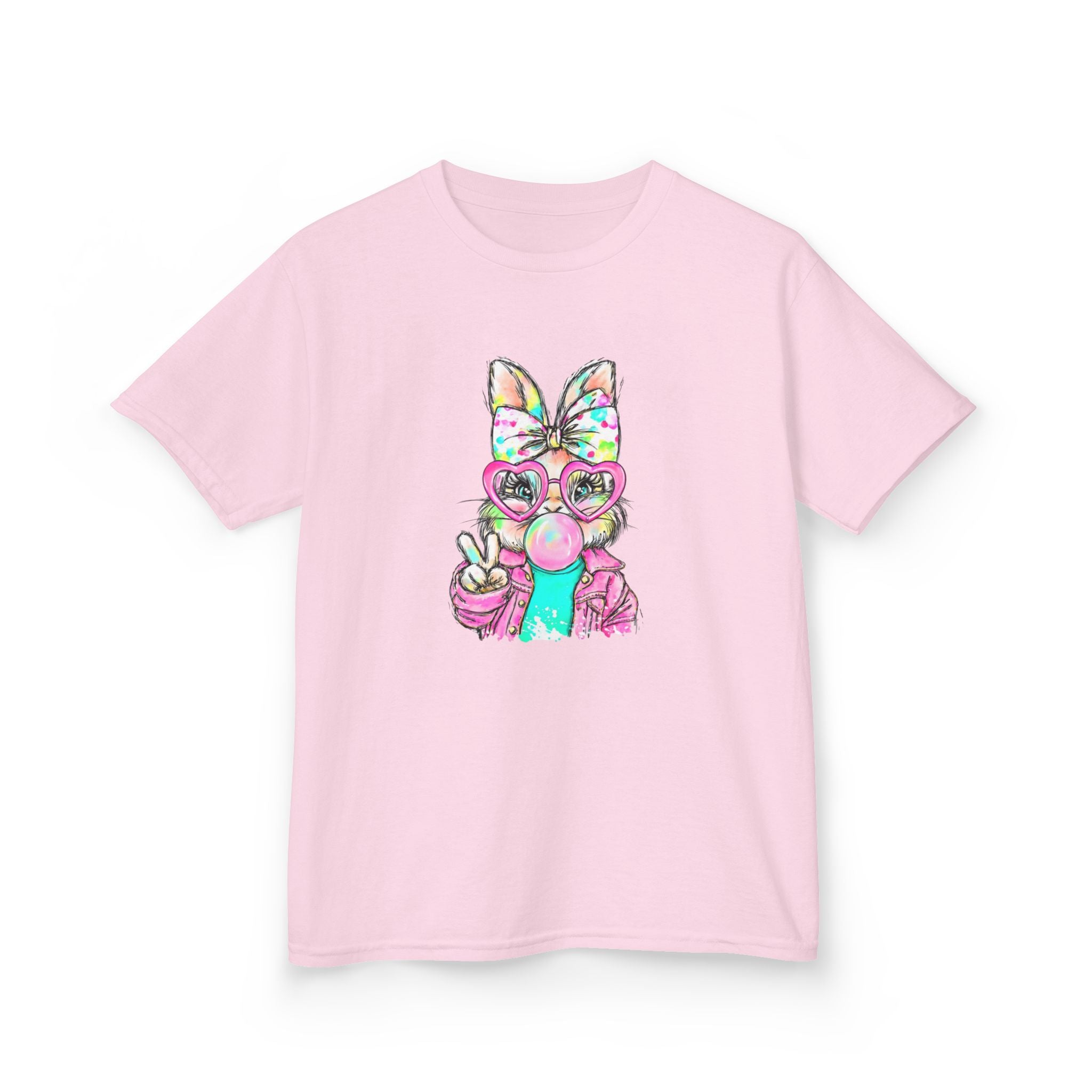 Kids Bunny Bubblegum Tee — Colorful Bunny Wearing Glasses & Peace Sign
