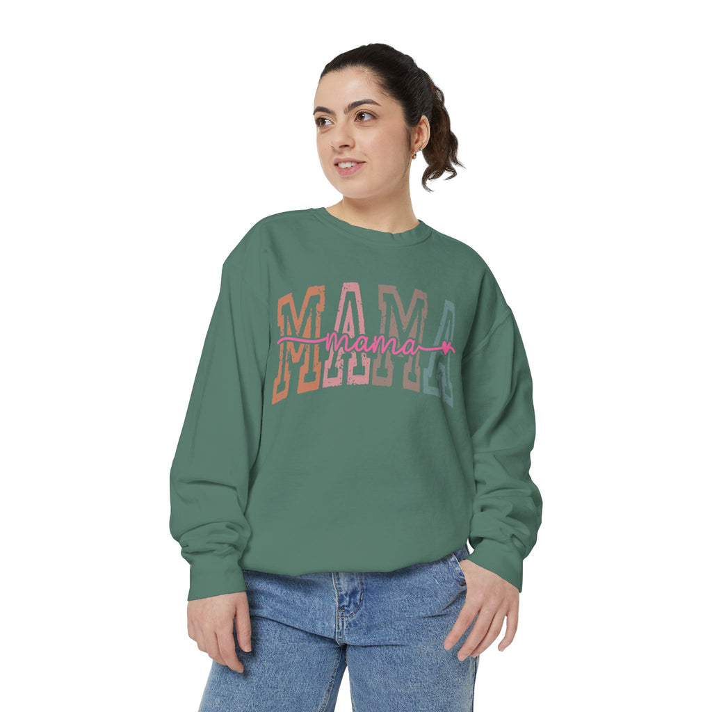 Mama Varsity Sweatshirt — Retro Rainbow "mama" Graphic