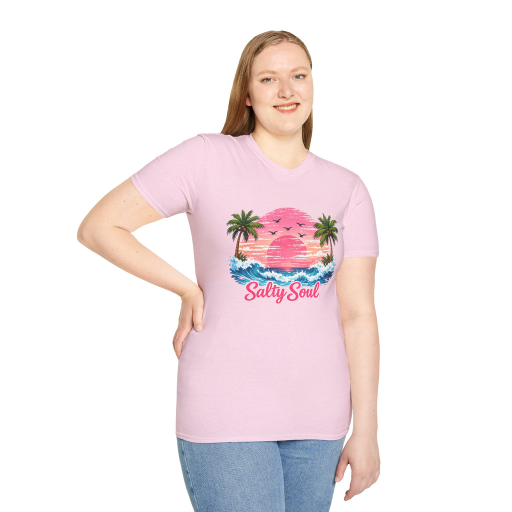 Salty Soul Tropical Sunset T-Shirt — Beach Palm Trees Retro Surf Tee