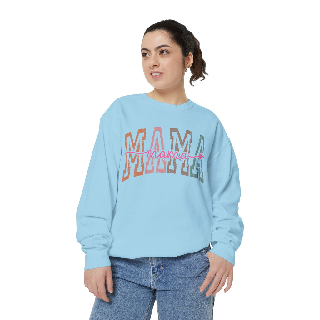 Mama Varsity Sweatshirt — Retro Rainbow "mama" Graphic
