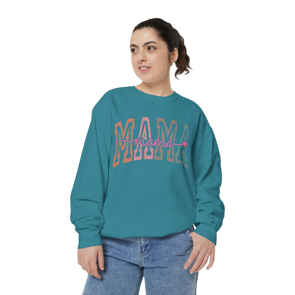 Mama Varsity Sweatshirt — Retro Rainbow "mama" Graphic