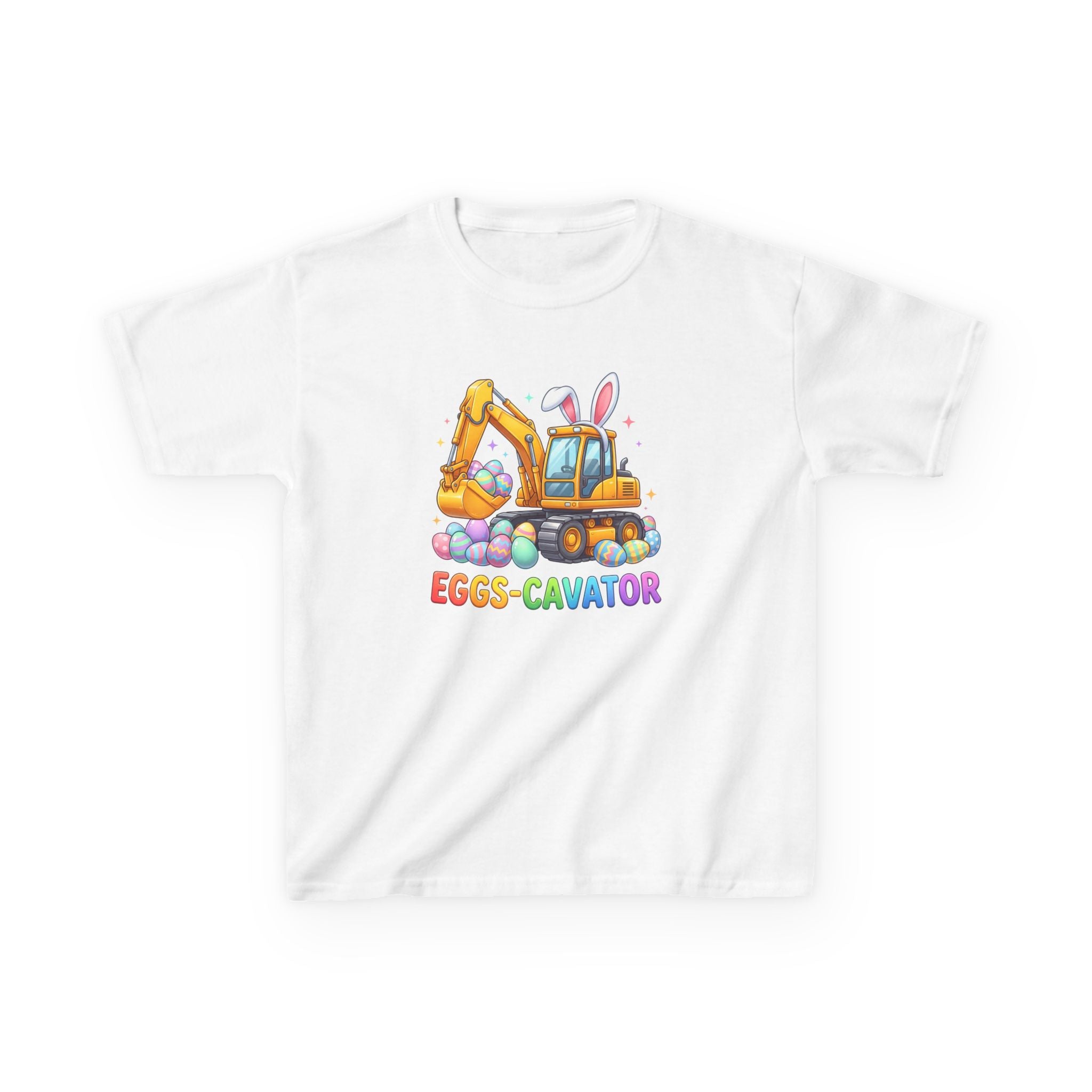 Kids Tee — "Eggs-cavator" Easter Excavator Graphic
