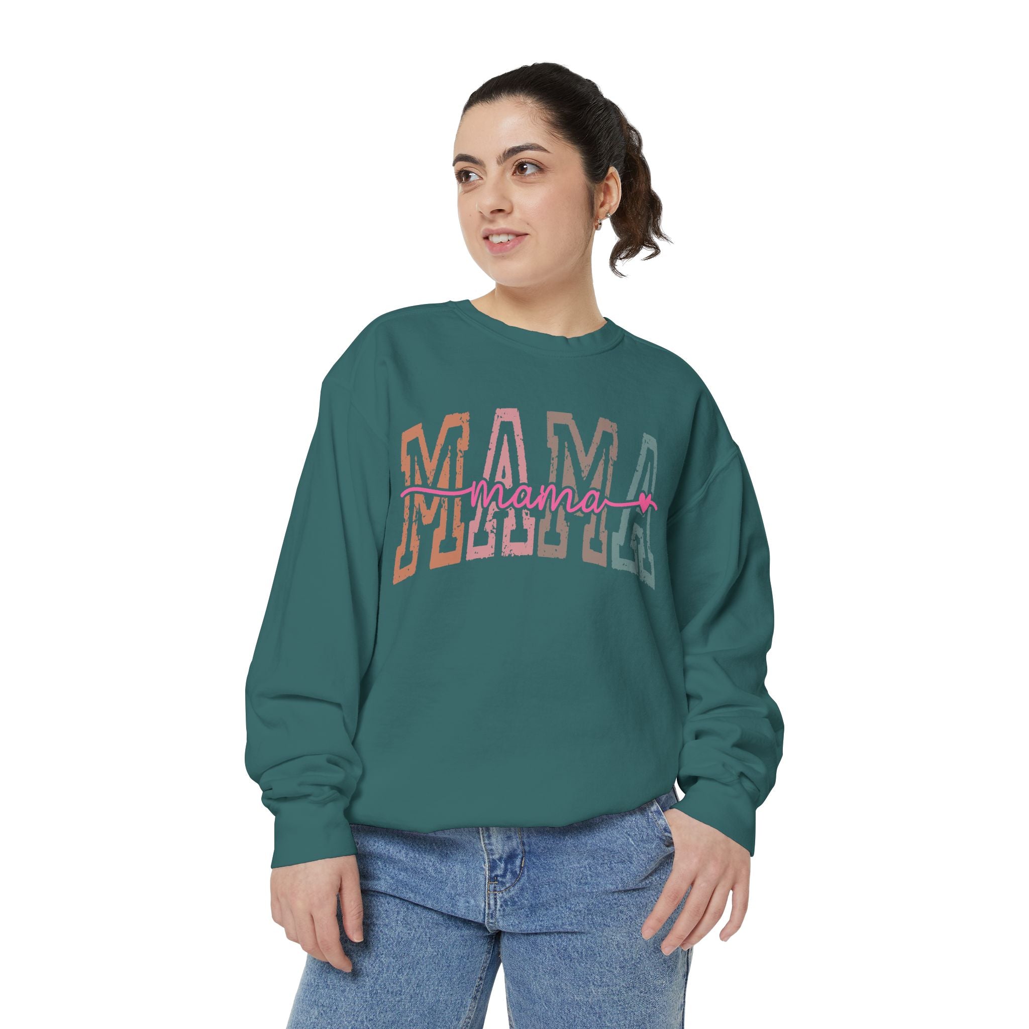 Mama Varsity Sweatshirt — Retro Rainbow "mama" Graphic