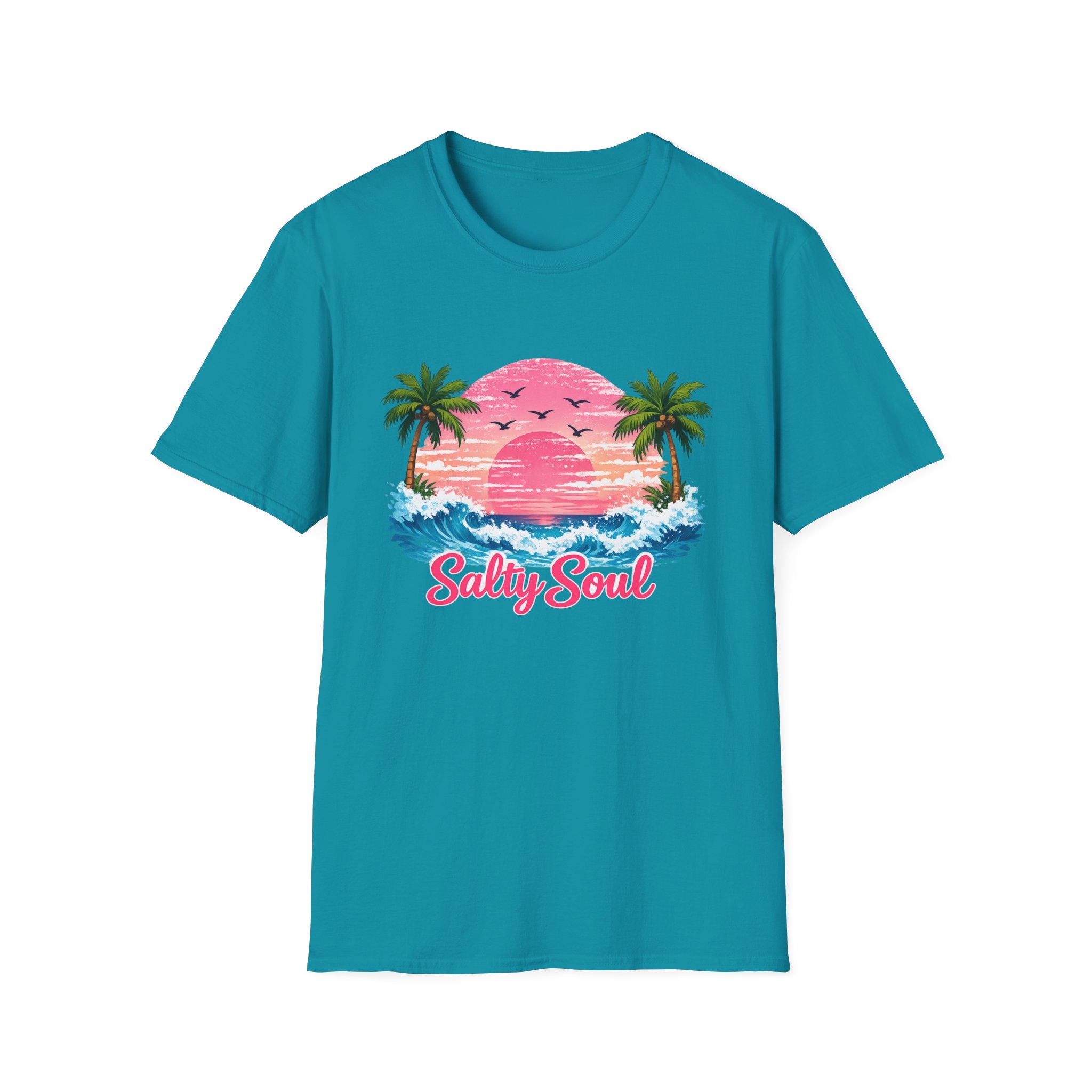 Salty Soul Tropical Sunset T-Shirt — Beach Palm Trees Retro Surf Tee