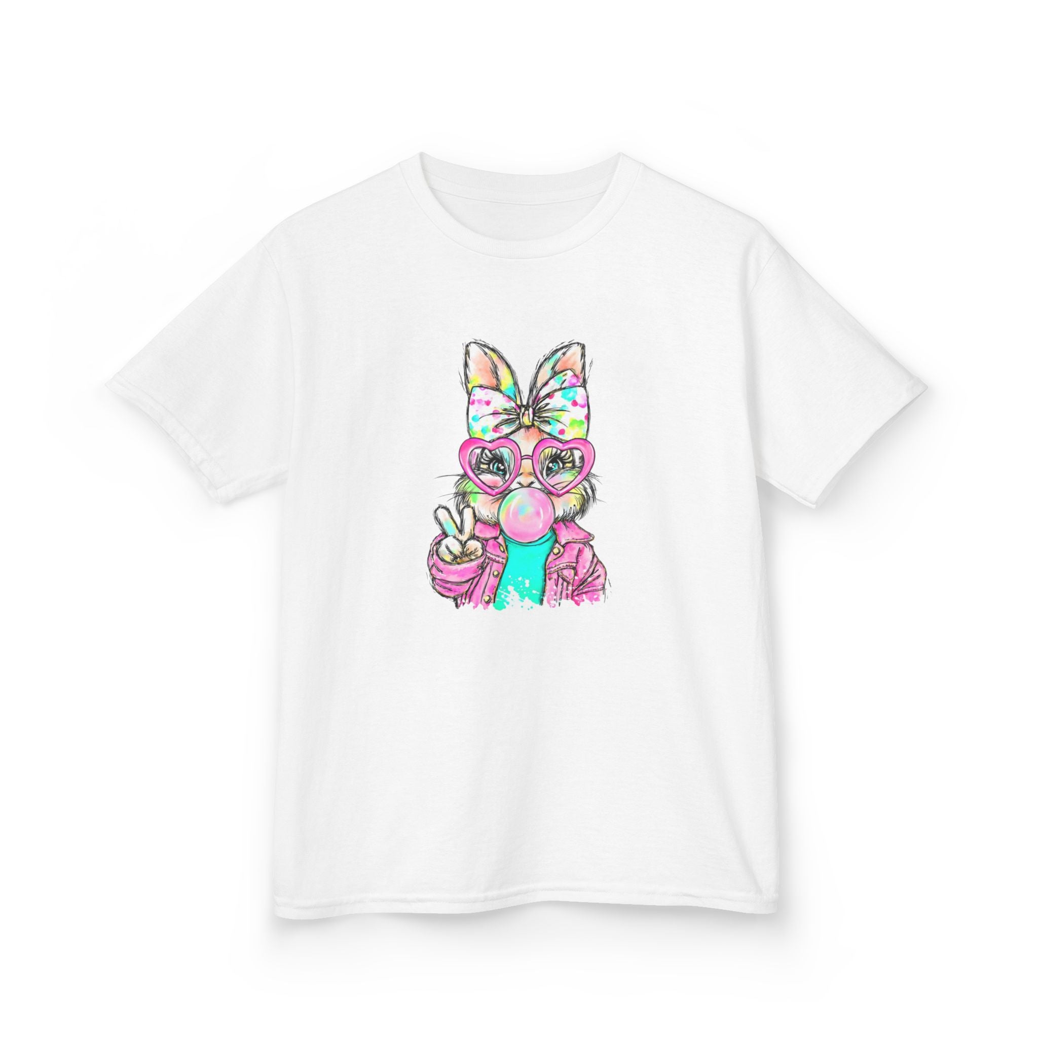 Kids Bunny Bubblegum Tee — Colorful Bunny Wearing Glasses & Peace Sign