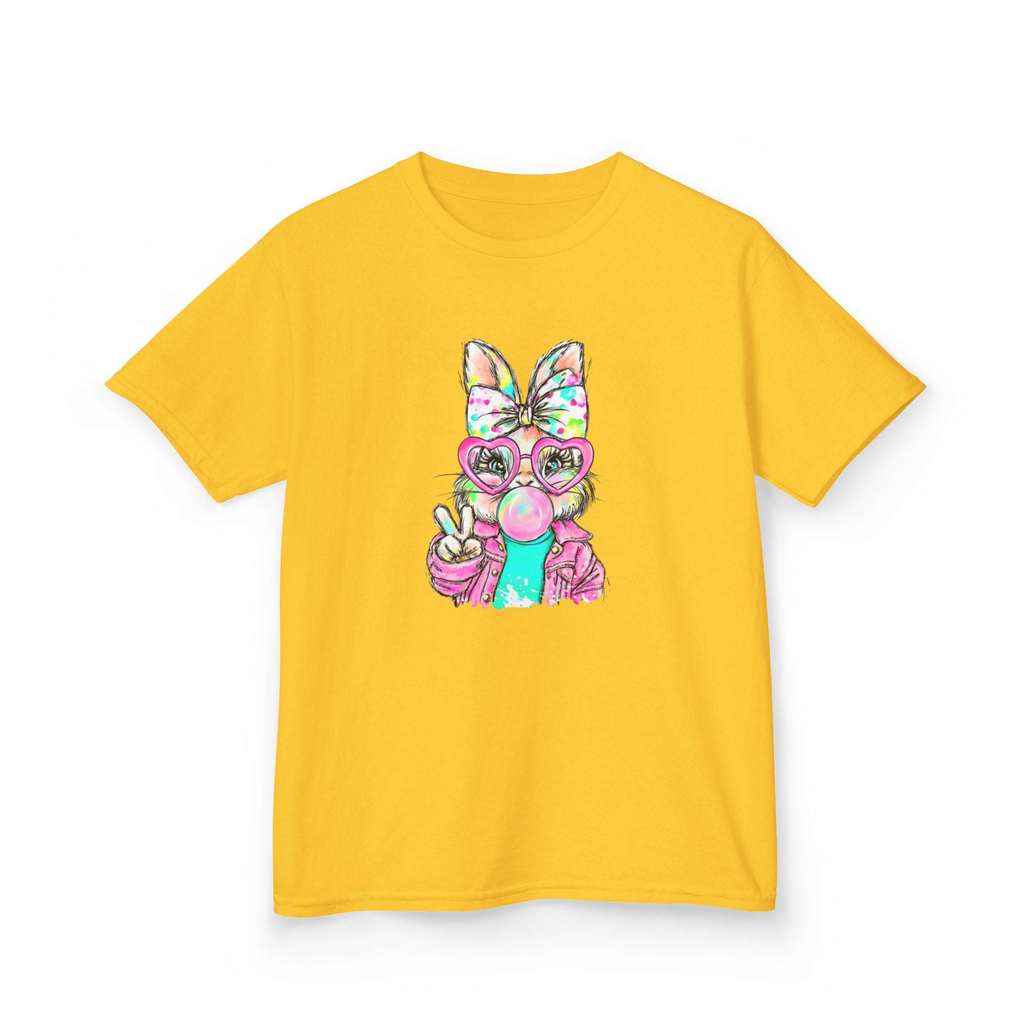 Kids Bunny Bubblegum Tee — Colorful Bunny Wearing Glasses & Peace Sign
