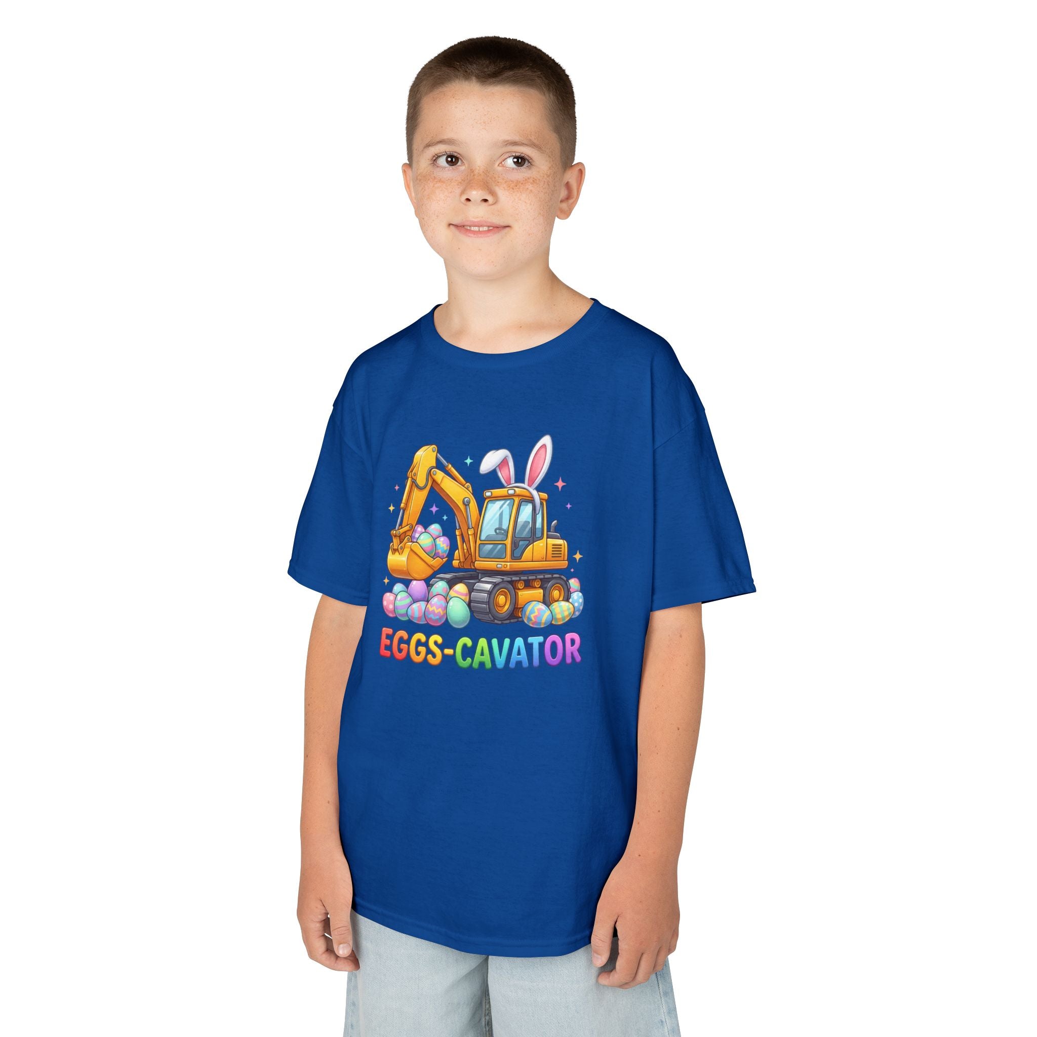Kids Tee — "Eggs-cavator" Easter Excavator Graphic