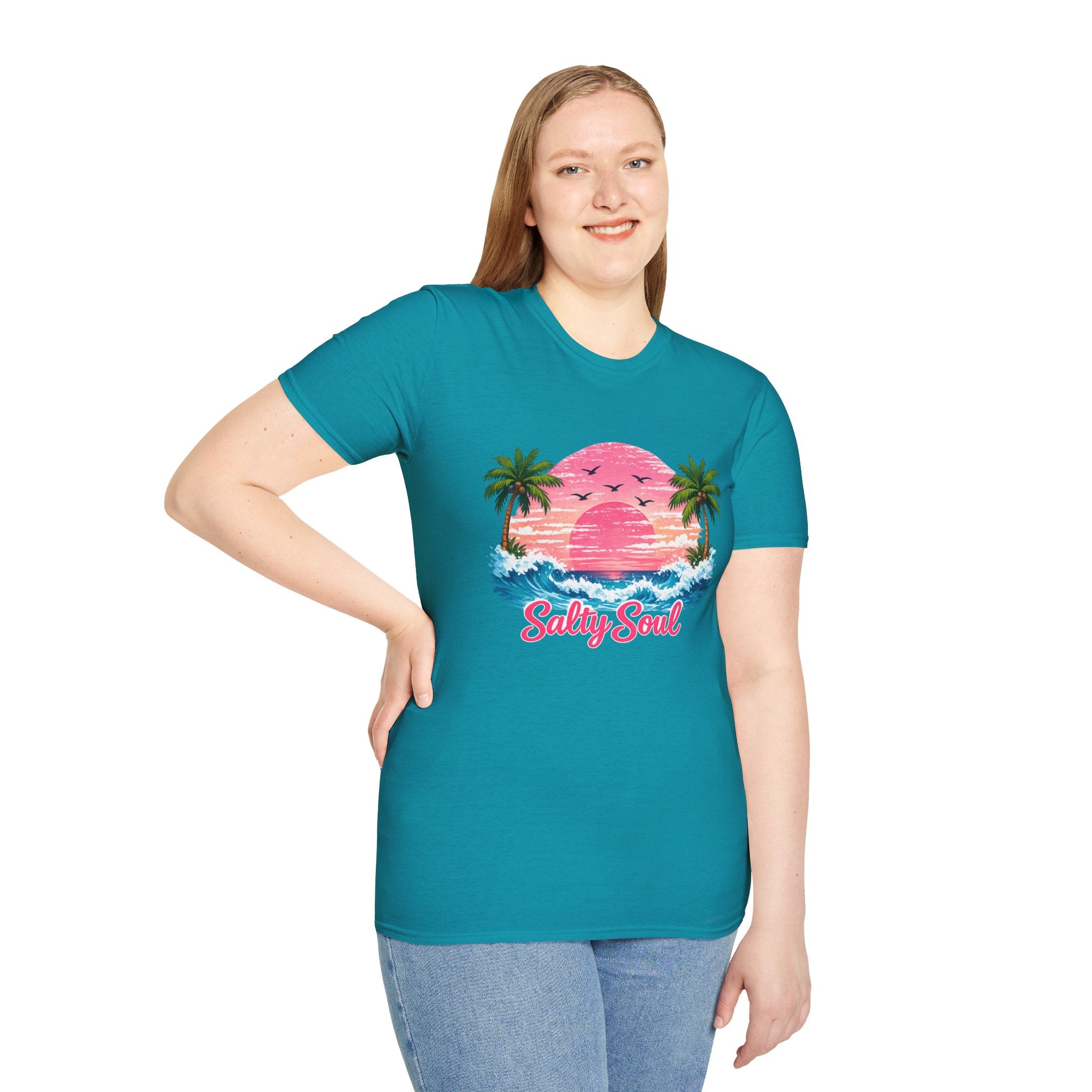 Salty Soul Tropical Sunset T-Shirt — Beach Palm Trees Retro Surf Tee